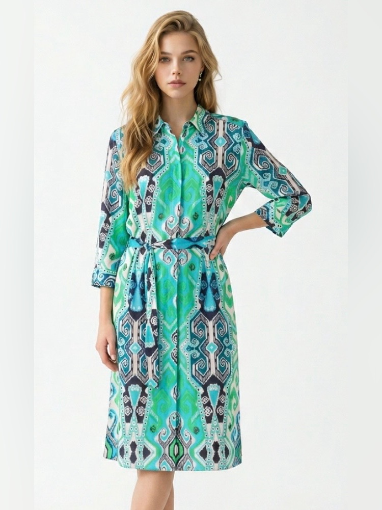 New Vilagallo Adriana Navajo Shirt Midi Dress Turquoise Blue Green Tribal Geo